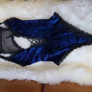 Sapphire blue velvet plus size lingerie teddy bodysuit